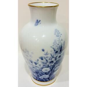 VTG OKURA Toen Vase -Rare Design: Blue Flowers & Butterflies, Gold Trim